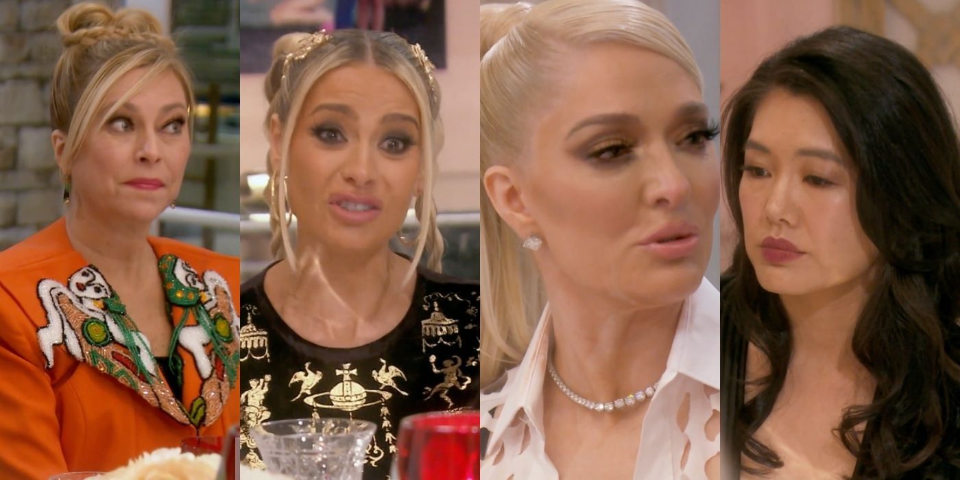 Four side by side images of Sutton, Dorit, Erika, and Crystal from RHOBH in season 11