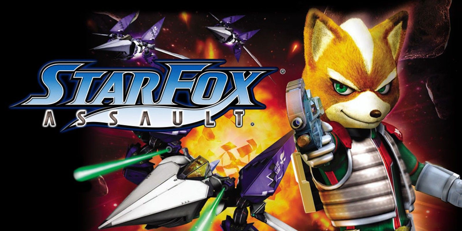 Fox McCloud aiming his blaster in Star Fox: Assault cover art