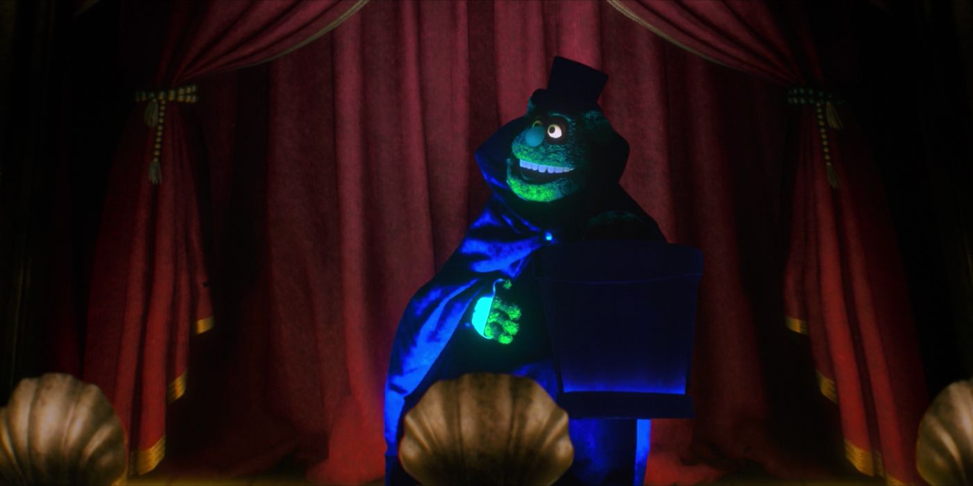 Gauzy the Hatbox Bear performs standup comedy in Muppets Haunted Mansion