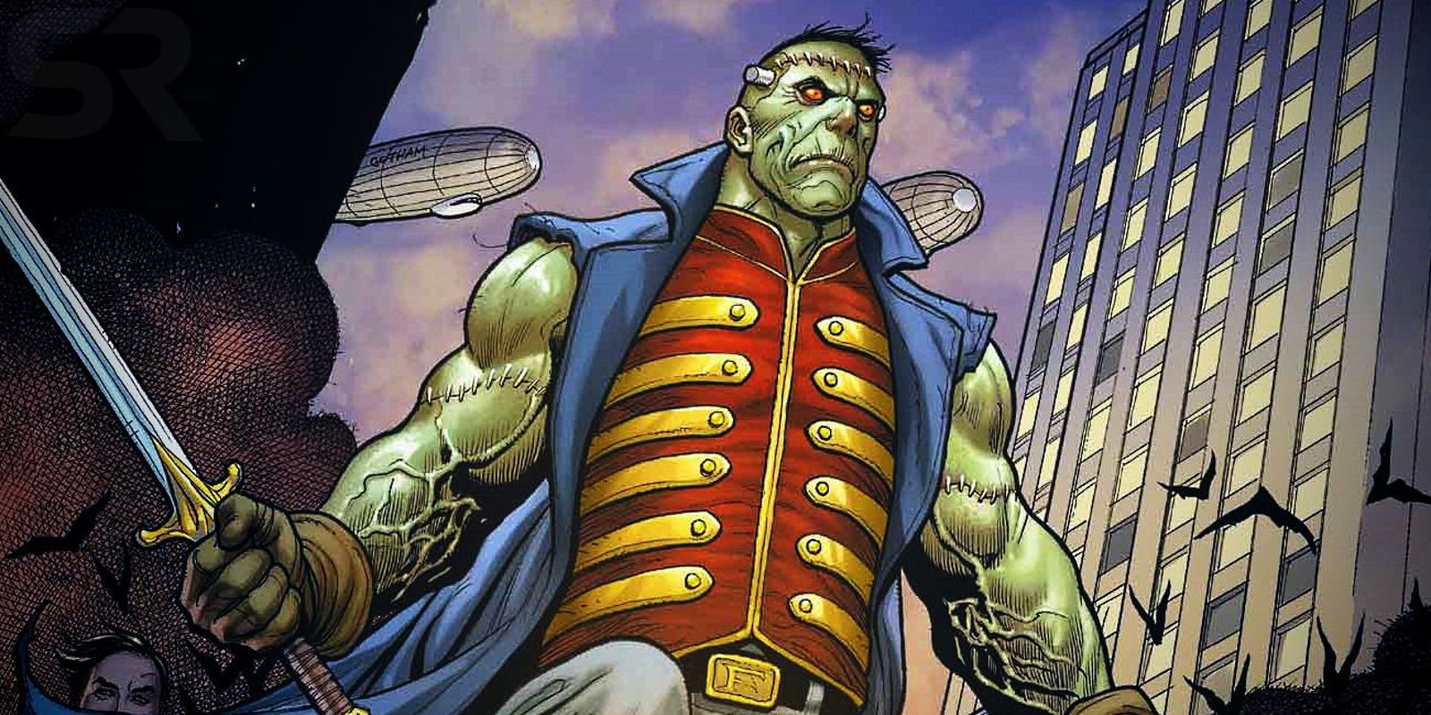 Frankenstein wielding a sword in Gotham City in DC comics