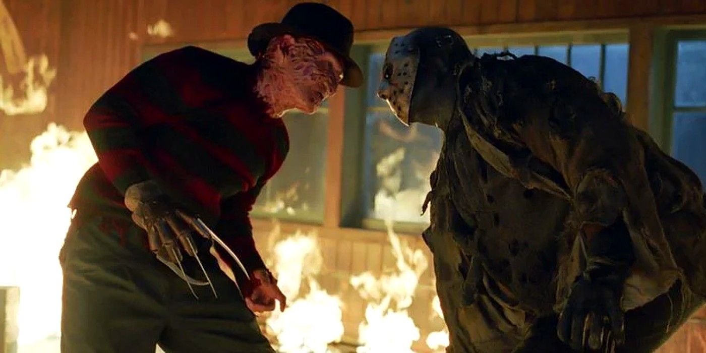 Freddy and Jason battling in a flaming cabin in Freddy Vs. Jason