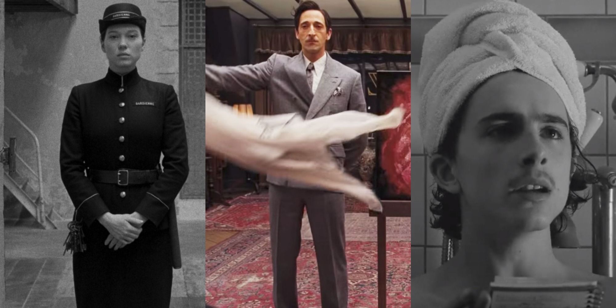 Triple Image of Léa Seydoux, Adrien Brody, and Timothee Chalamet in The French Dispatch