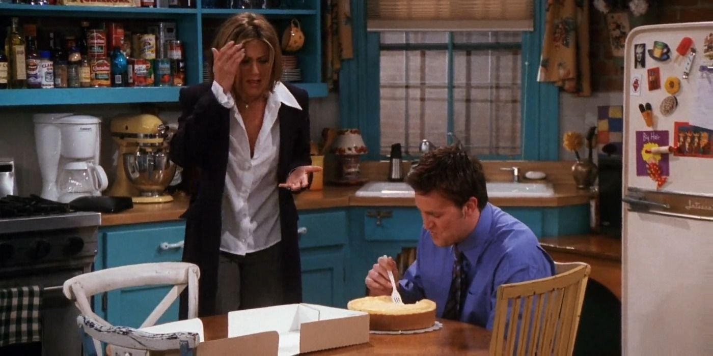 Chandler and Rachel gorge on a cheesecake while ar Monica's apartment in Friends