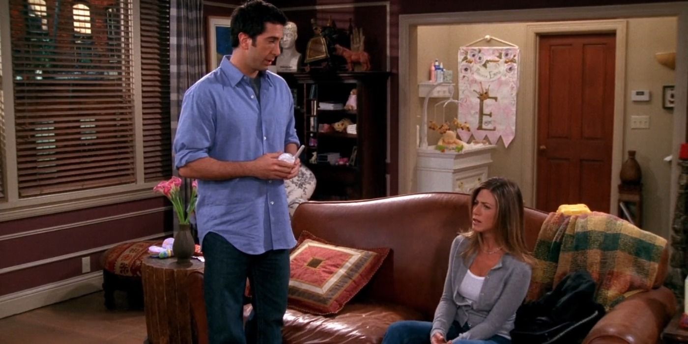 Rachel Green and Ross Geller coverse at his apartment in Friends