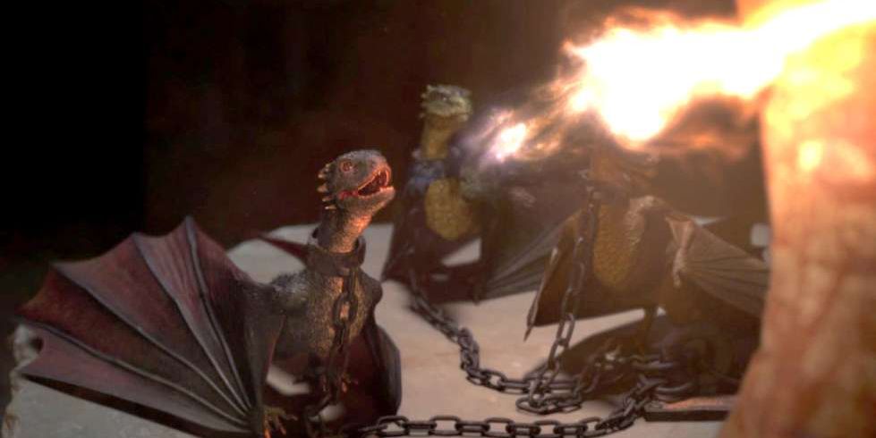 Baby Drogon breathes his first fire in Game of Thrones.