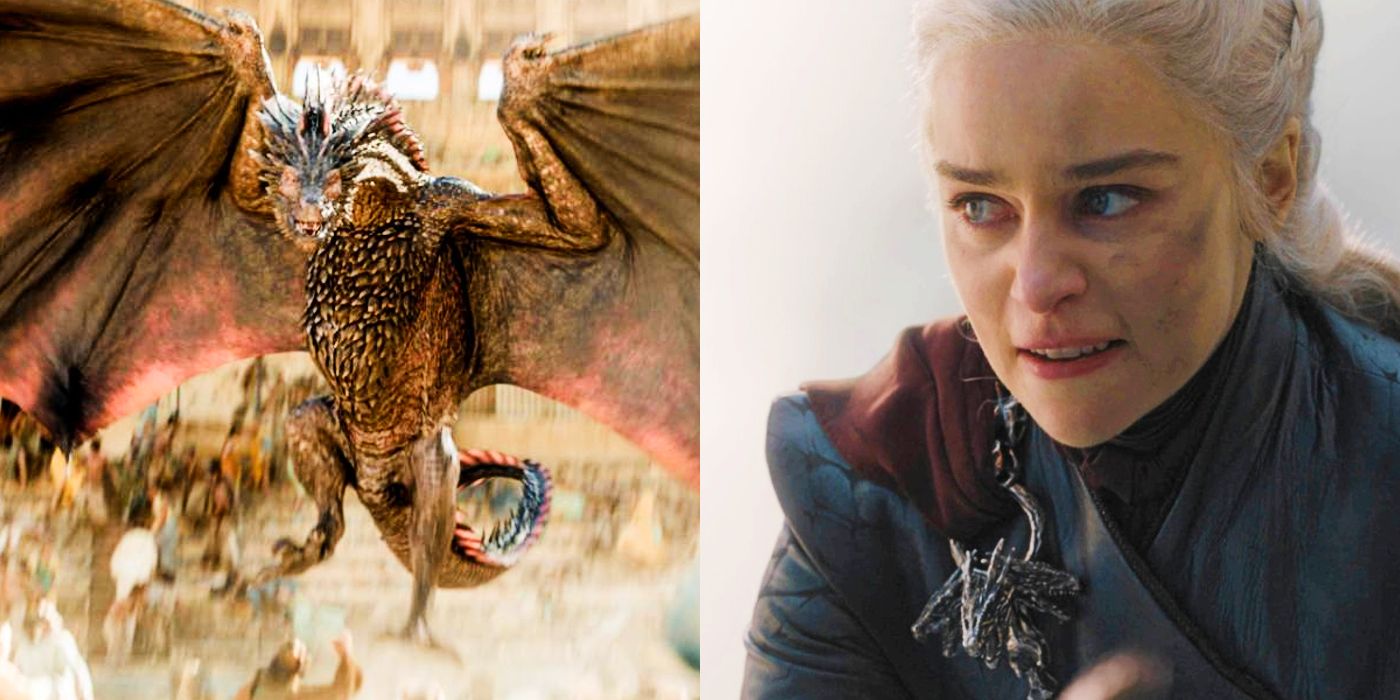 Split image: Drogon the dragon flies, Daenerys gives in to rage in Game of Thrones.