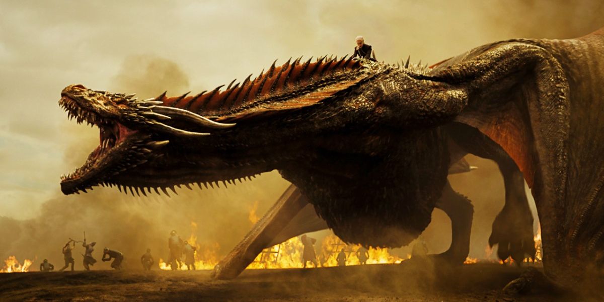 Daenerys rides a roaring Drogon the dragon in Game of Thrones.