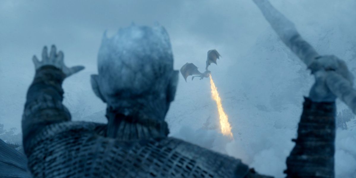 The Night King aims his spear at one of Daenerys' fire-breathing dragons in Game of Thrones.