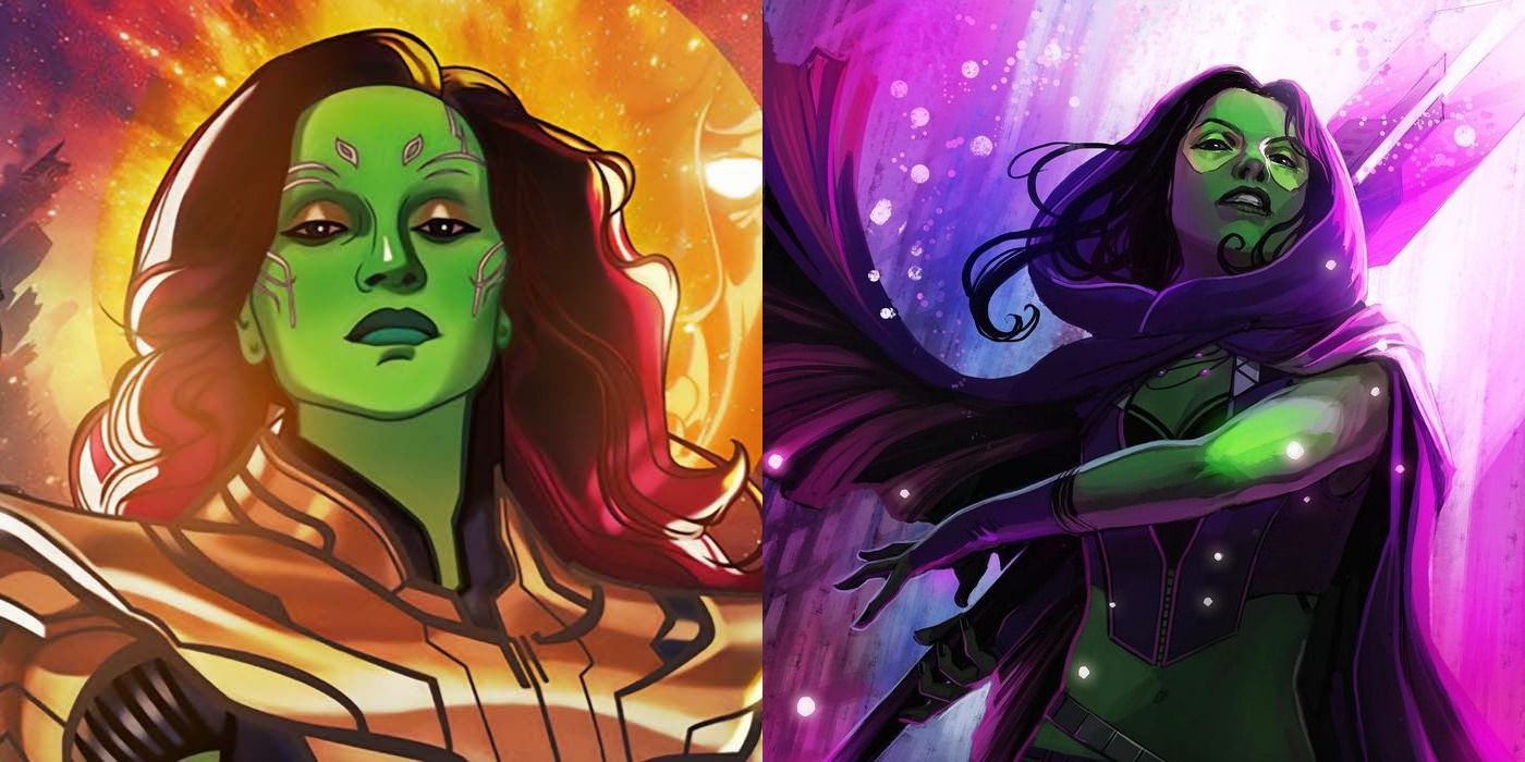 Split image of Gamora from What If..? and from Marvel Comics.
