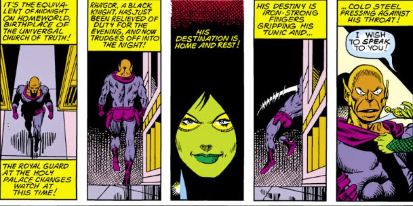 Gamora attacks a member of the Universal Church of Truth in Marvel Comics.