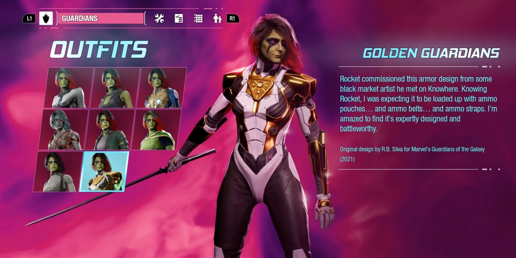 Gamora wearing her Golden Guardian outfit in Marvel's Guardians Of The Galaxy