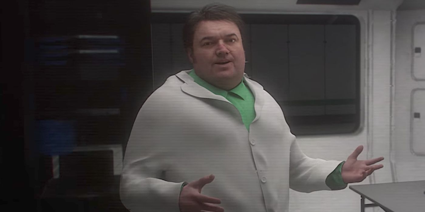 Gary wearing his lab coat and raising his arms in Kapture:Locust by Oats Studios.