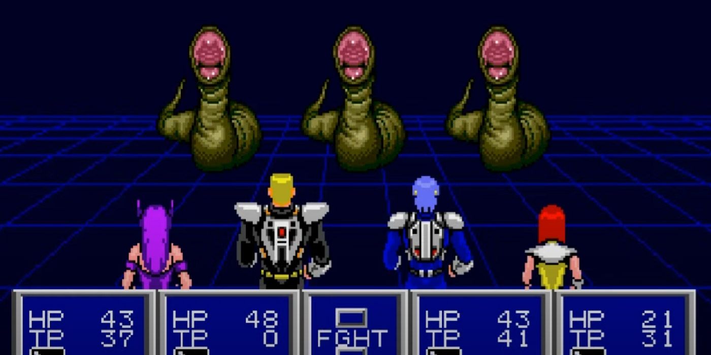 A hero party fights three giant leeches in Phantasy Star II.