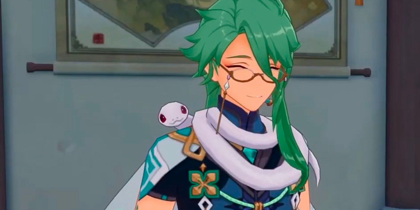 Genshin Impact Baizhu smiling with snake wrapped around his neck