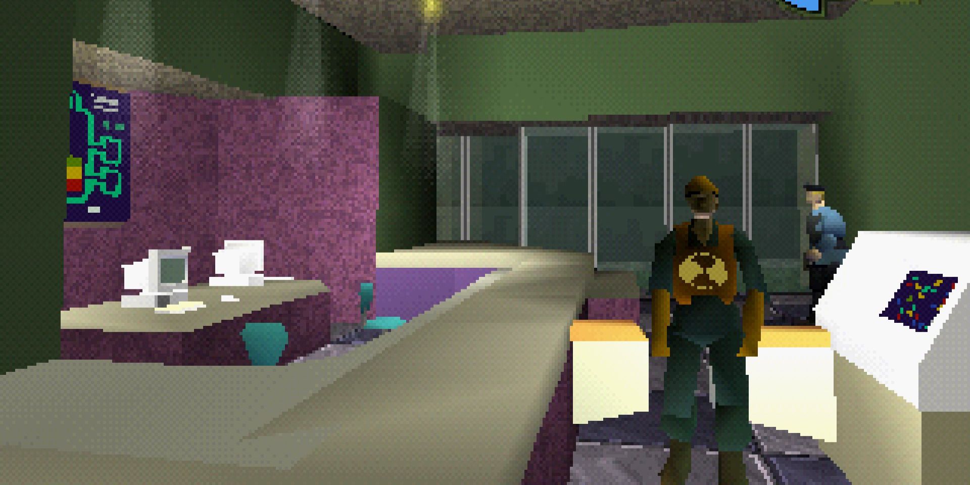 A soldier and a man stand in a building lobby in Germs: Nerawareta Machi.