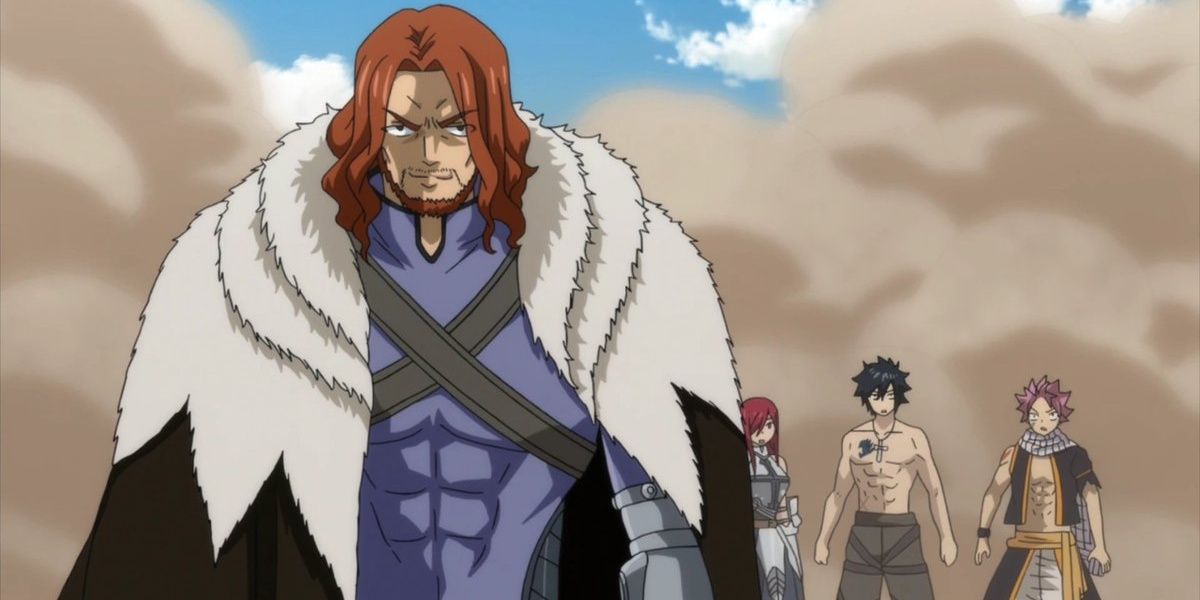 Gildarts in front of Erza, Gray, and Natsu