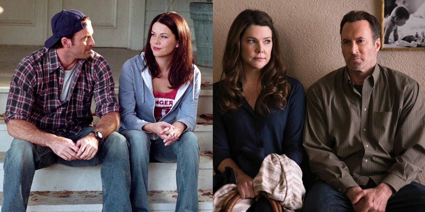 Split image of Luke and Lorelai sitting on a porch and in an office on Gilmore Girls