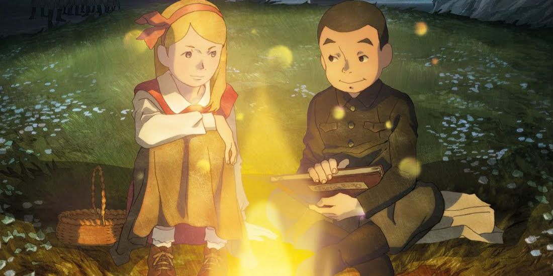 Tanya and Junpei sit by the fire in Giovanni's Island.