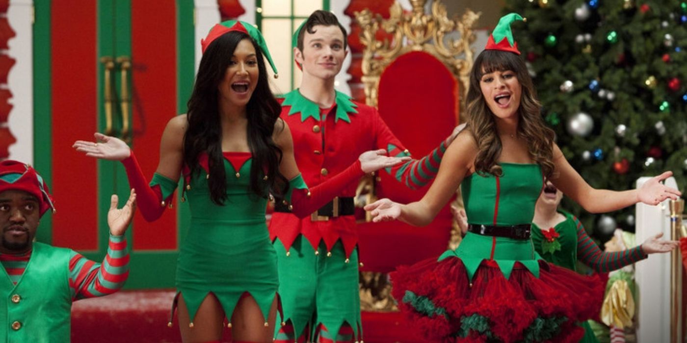 Santana, Kurt, and Rachel singing in Glee in elves costumes