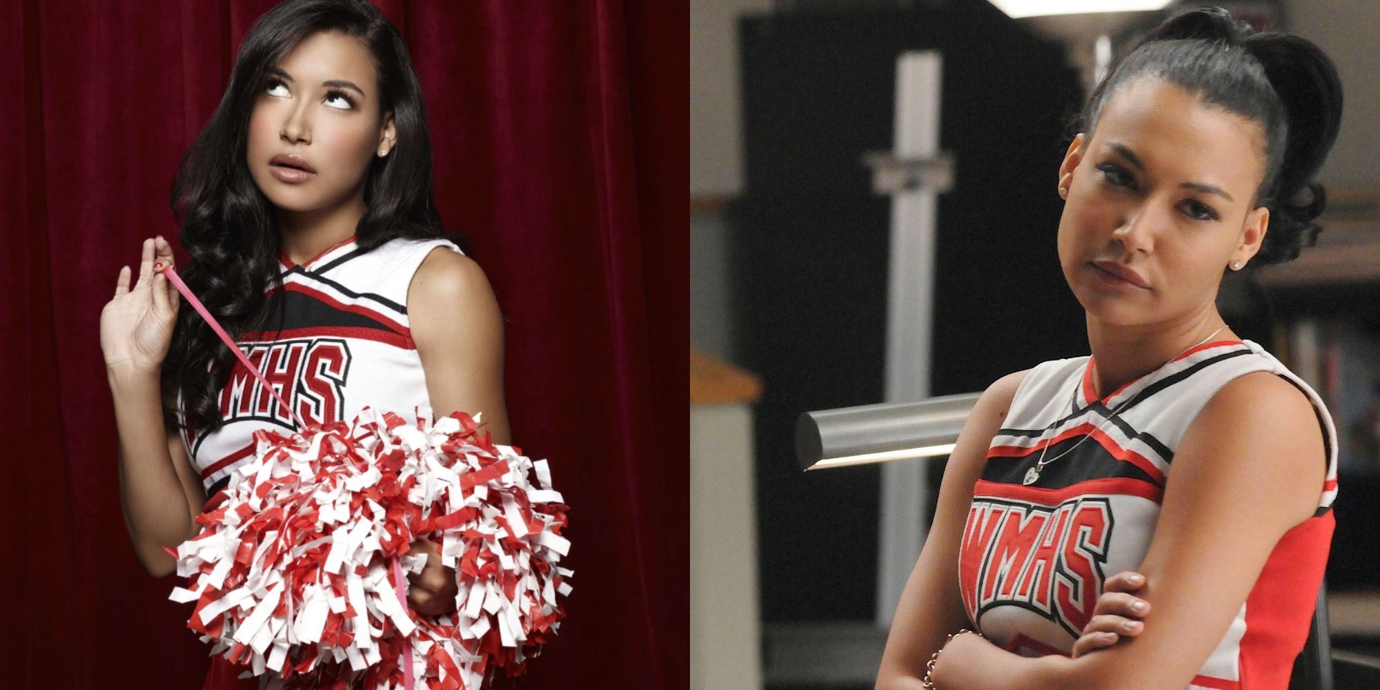 Split image showing Santana posing for a photo and looking annoyed in Glee.