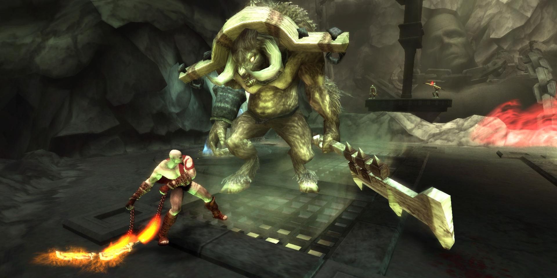 Kratos battles a large monster in a dungeon in God of War: Chains of Olympus.