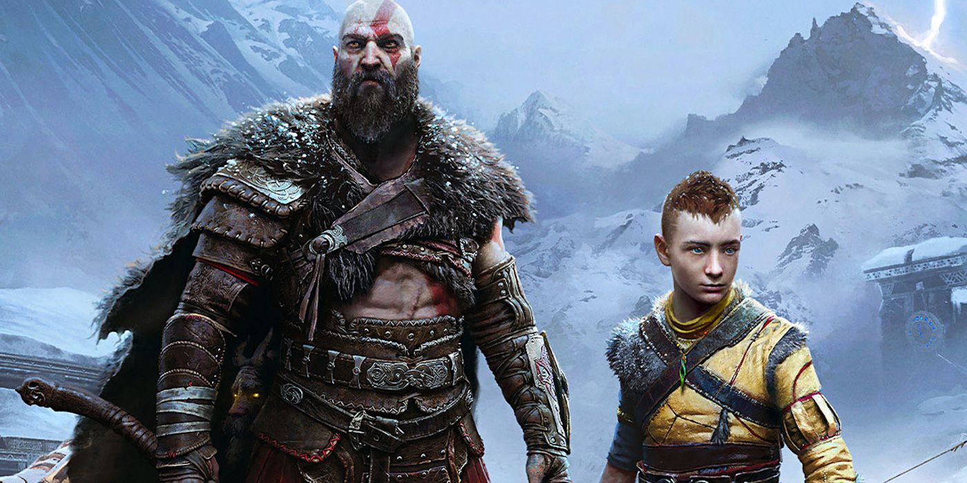 Kratos and Atreus standing in front of snowy mountains in God of War Ragnarok.