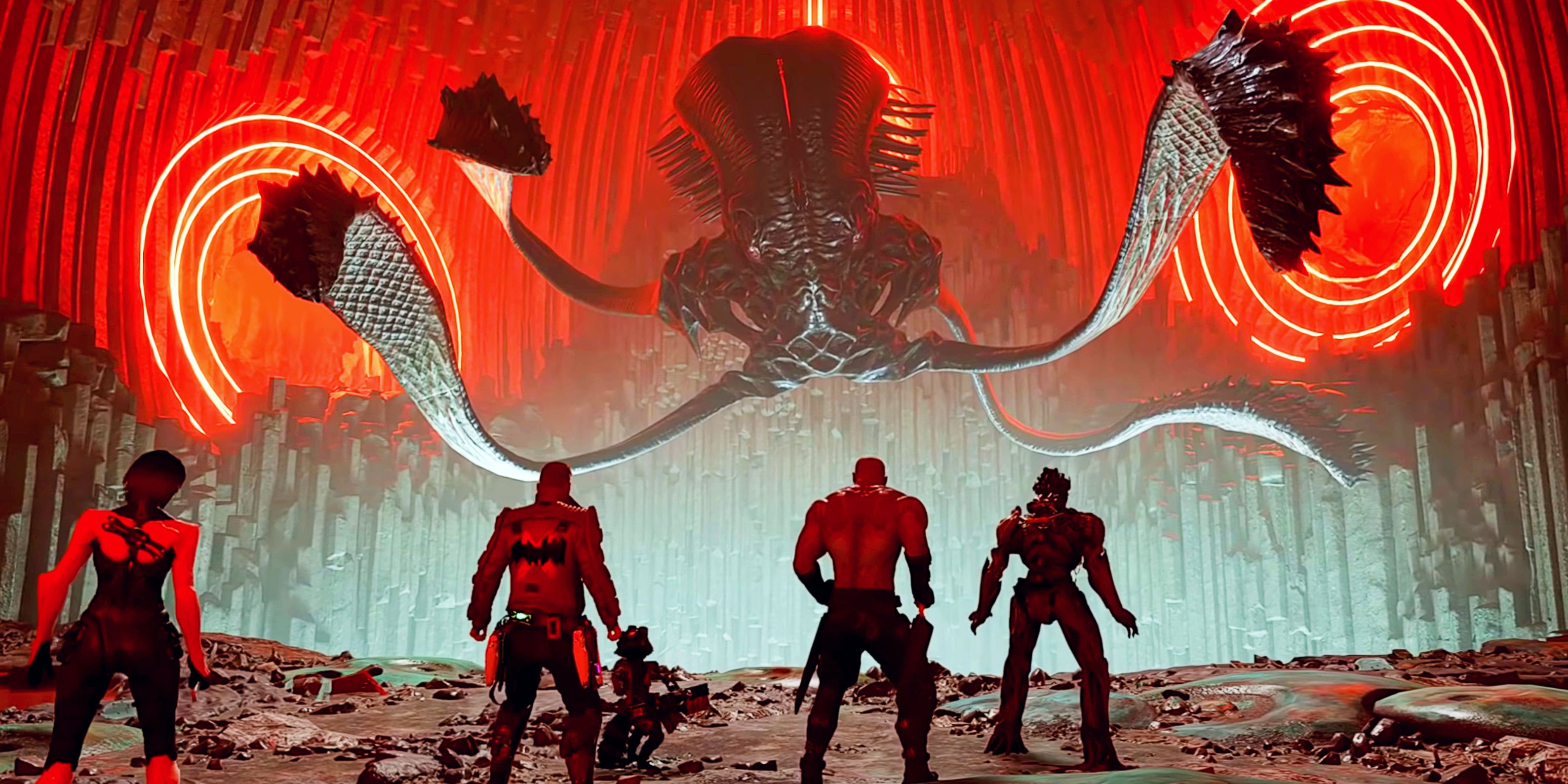 The Guardians encountering the Dweller-In-Darkness in Marvel's Guardians Of The Galaxy
