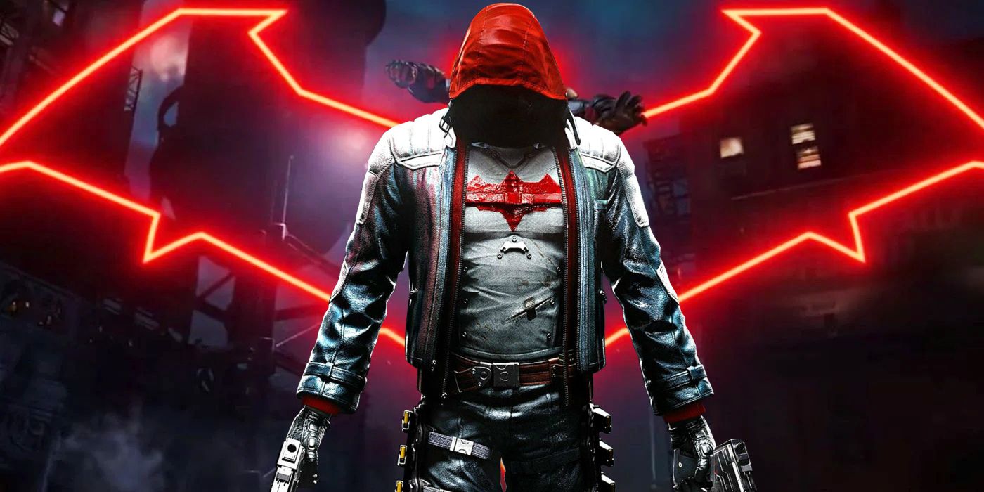 Red Hood with his logo flashing in red neon lights in Gotham Knights