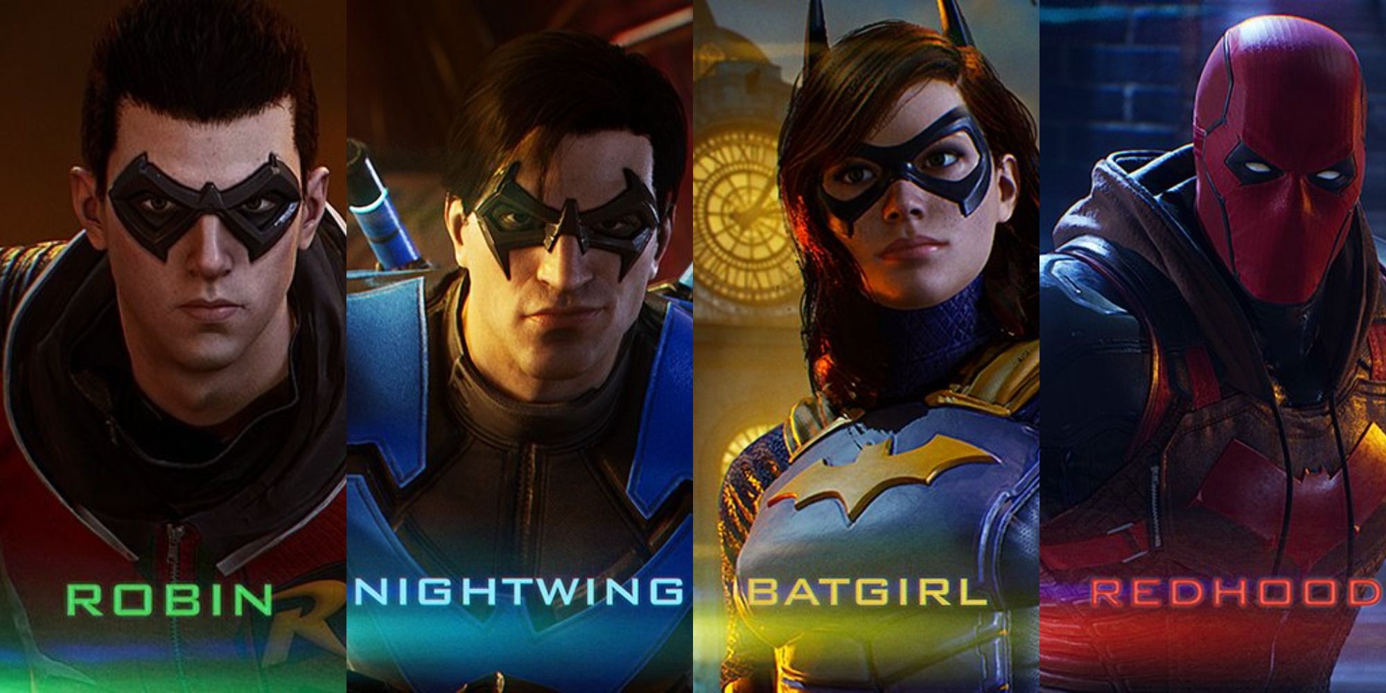 Split image of Robin, Nightwing, Batgirl, and Red Hood from Gotham Knights