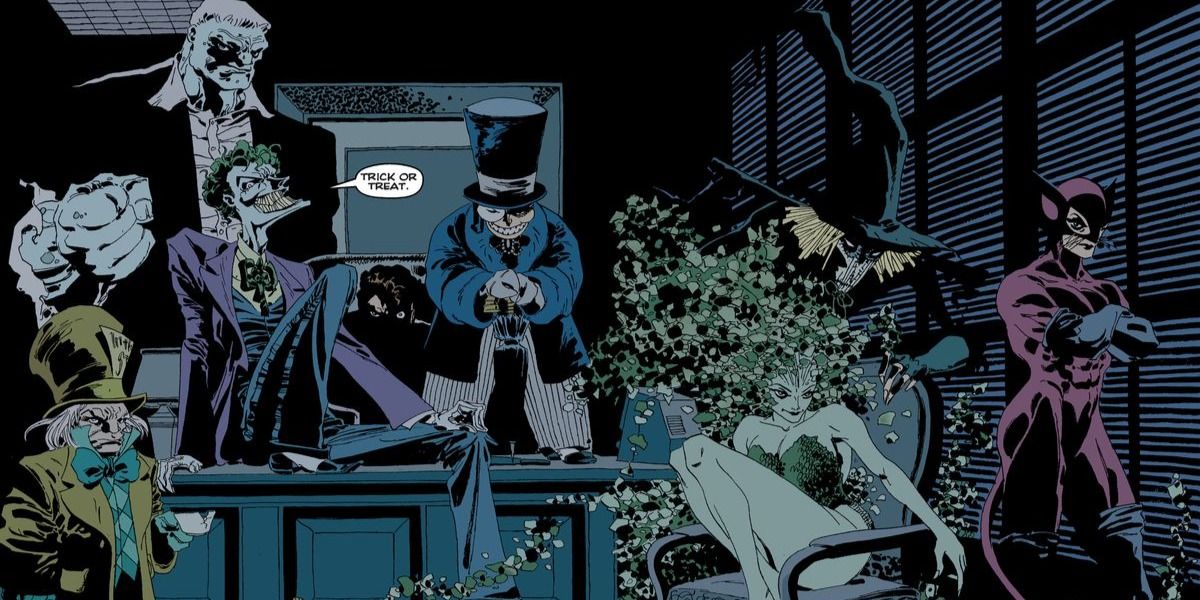 Joker, Two-Face, Catwoman, Solomon Grundy, Poison Ivy, Mad Hatter, The Penguin, and Scarecrow all gather in The Roman's office in DC Comics.