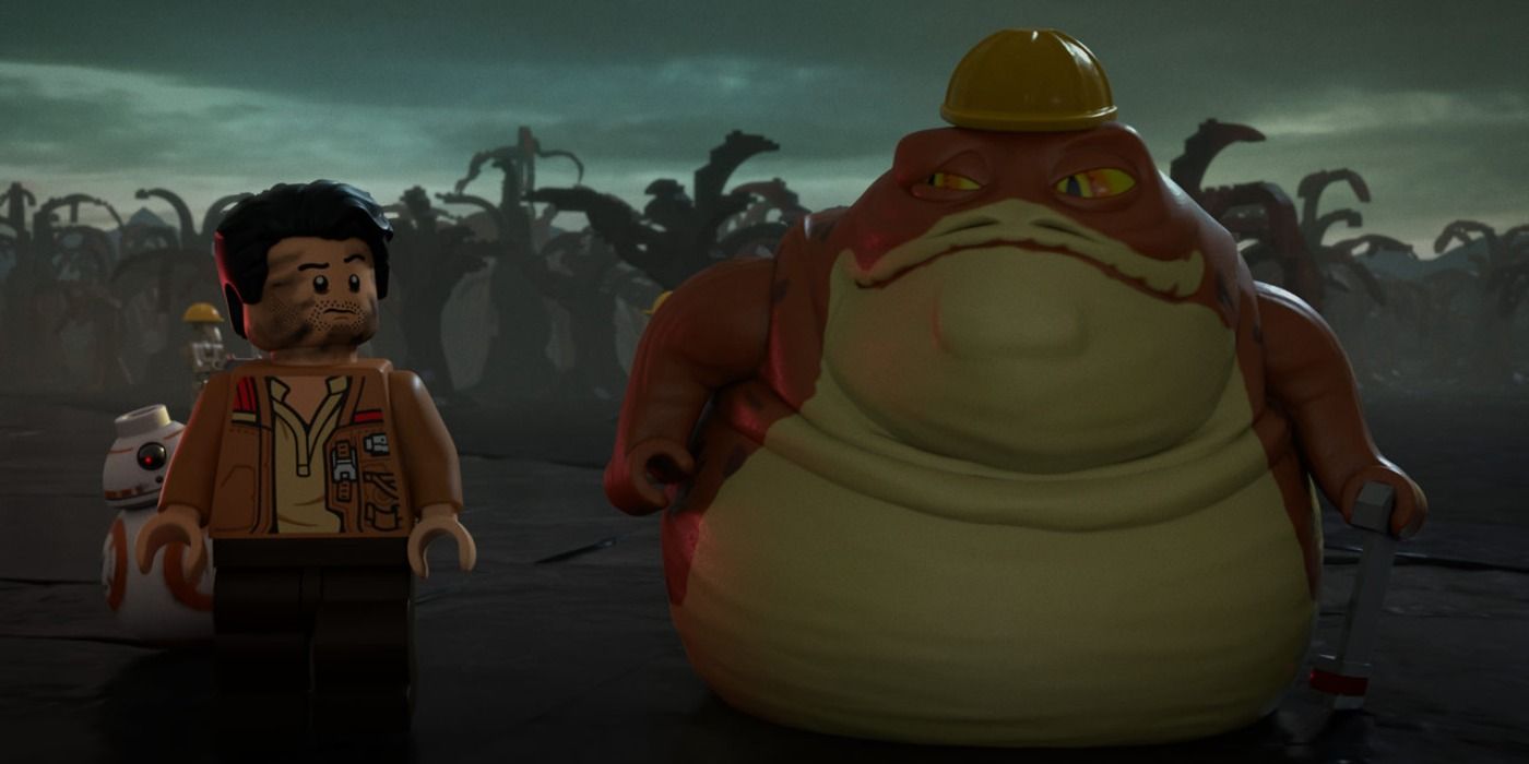 Graballa the Hutt leads Poe to Vader's Castle on Mustafar in LEGO Star Wars Terrifying Tales