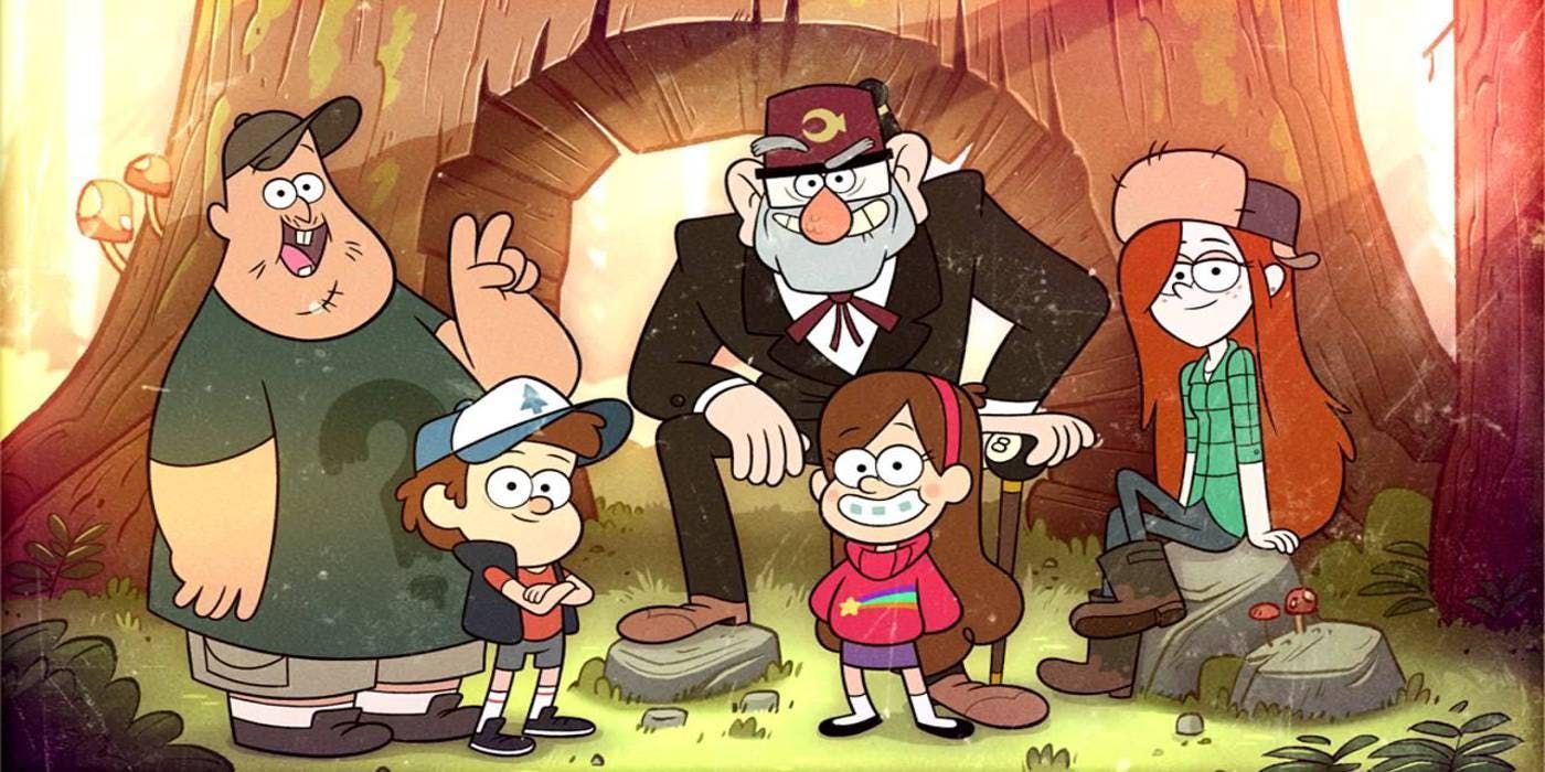 Gravity Falls Main Characters standing underneath a giant tree