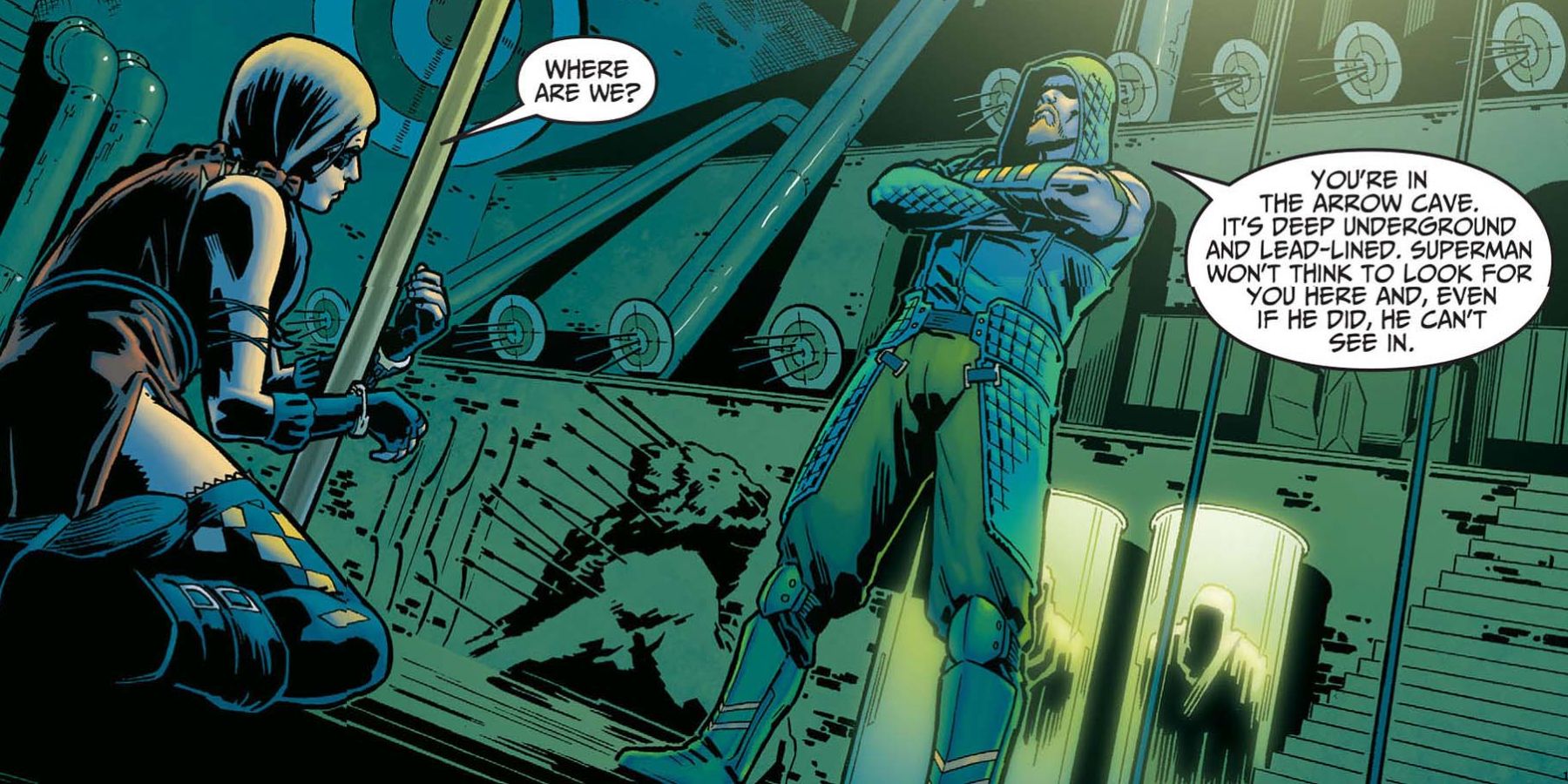 Green Arrow talking to Harley Quinn in the Arrow Cave AKA Quiver in Injustice comics
