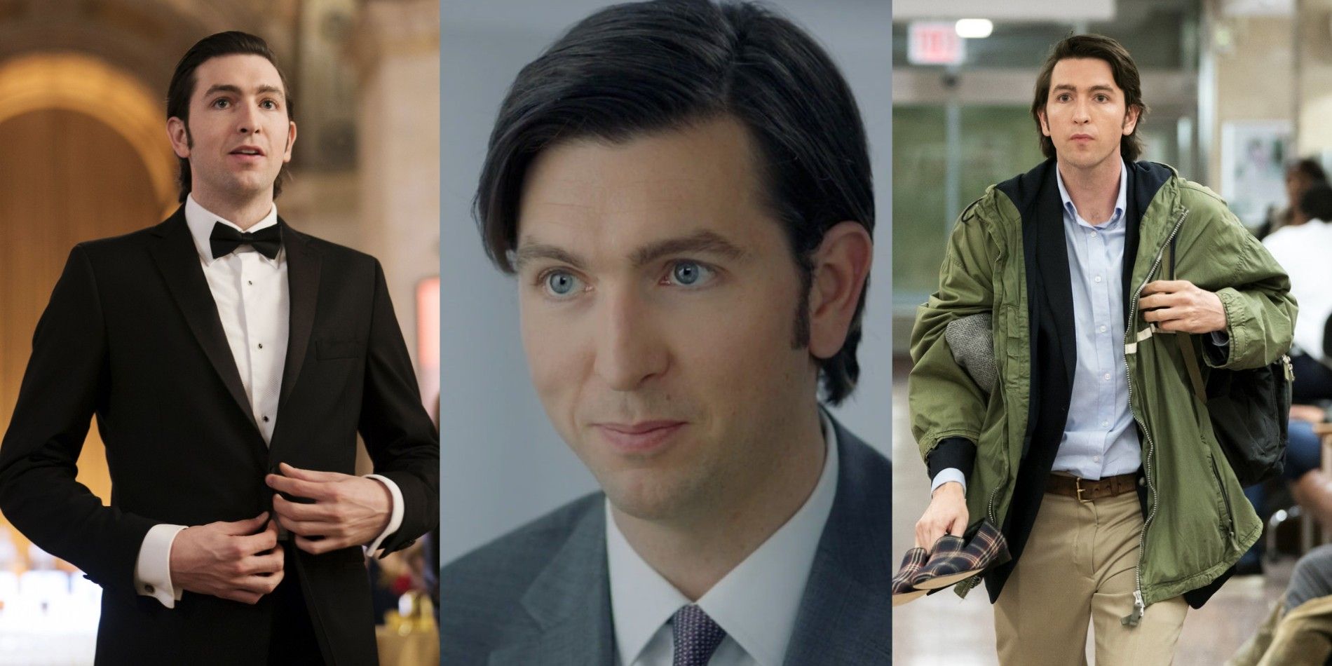 Split images of Greg in a tuxedo, a suit, and a green jacket in Succession.