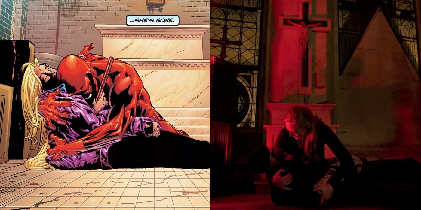 Split image of Karen's death in Guardian Devil and Karen holding Matt in Daredevil season 3