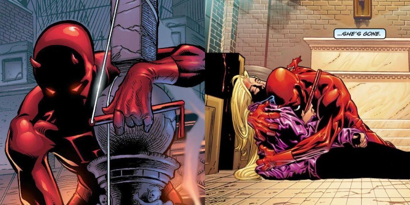 Imagem dividida da capa do Guardian Devil e o Demolidor lamentando a morte de Karen.