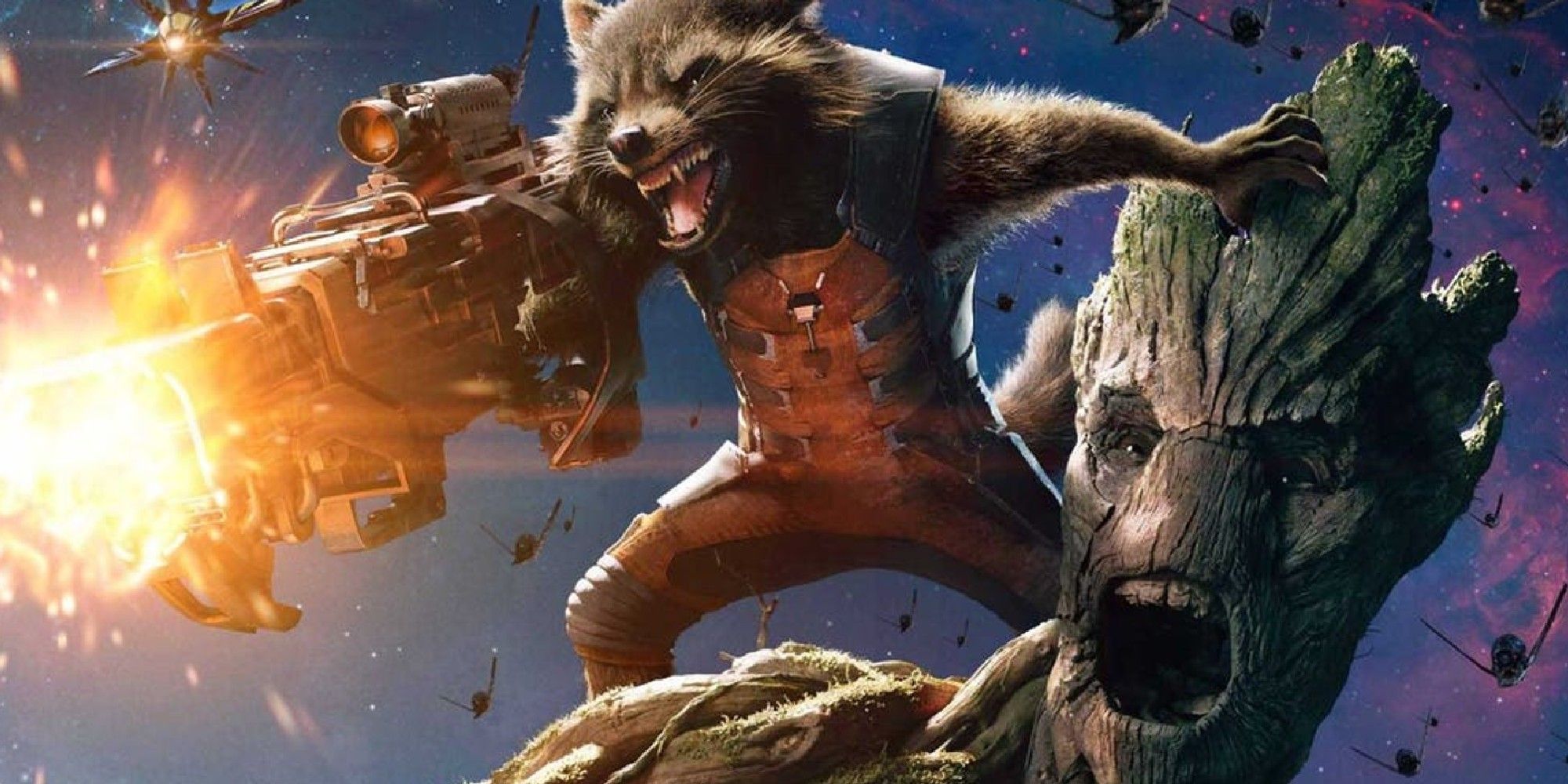 Rocket rides on Groots Shoulders in Guardians of the Galaxy