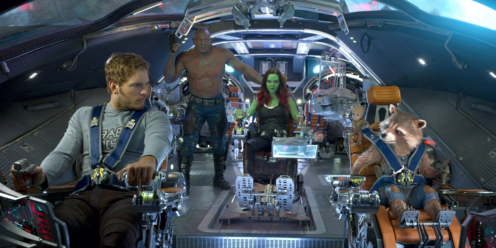 Guardians of the Galaxy flying in the spaceship in Vol. 2