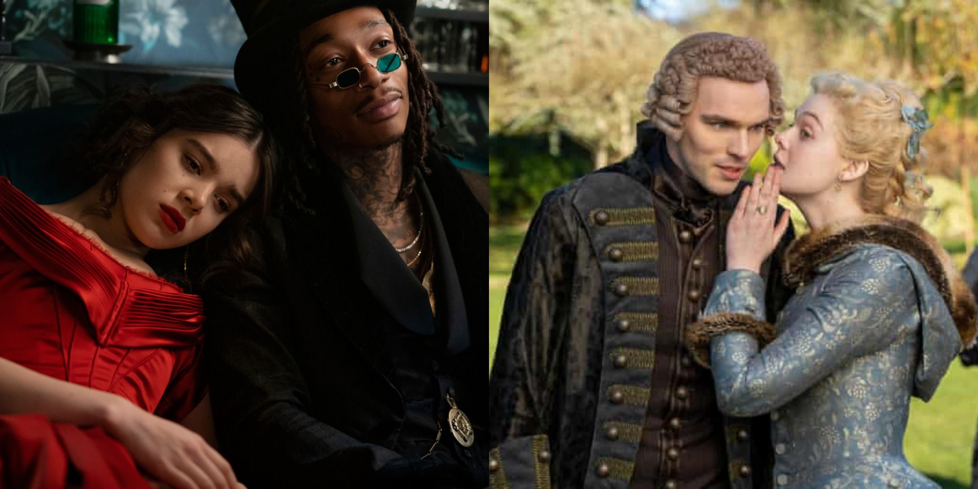 Emily Dickinson (Hailee Steinfeld) leaning against Death (Wiz Khalifa) in Dickinson beside an image of Catherine (Elle Fanning) whispering to Peter III (Nicholas Hoult) in The Great