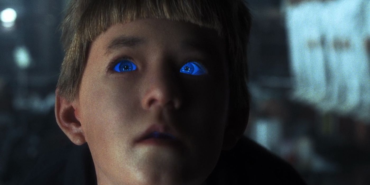 Haley Joel Osment with glowing blue eyes in AI.