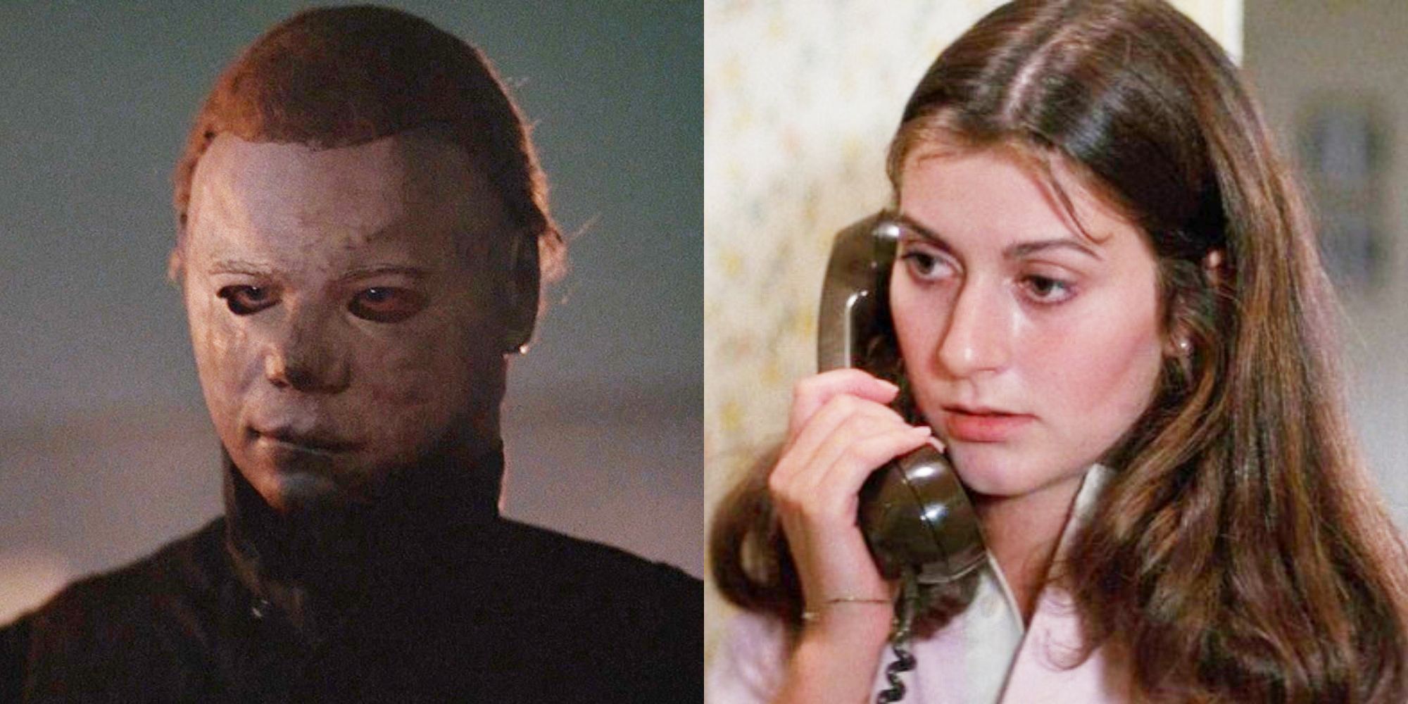 Split image showing Michael Myers and Alice Martin on the telephone in Halloween II.