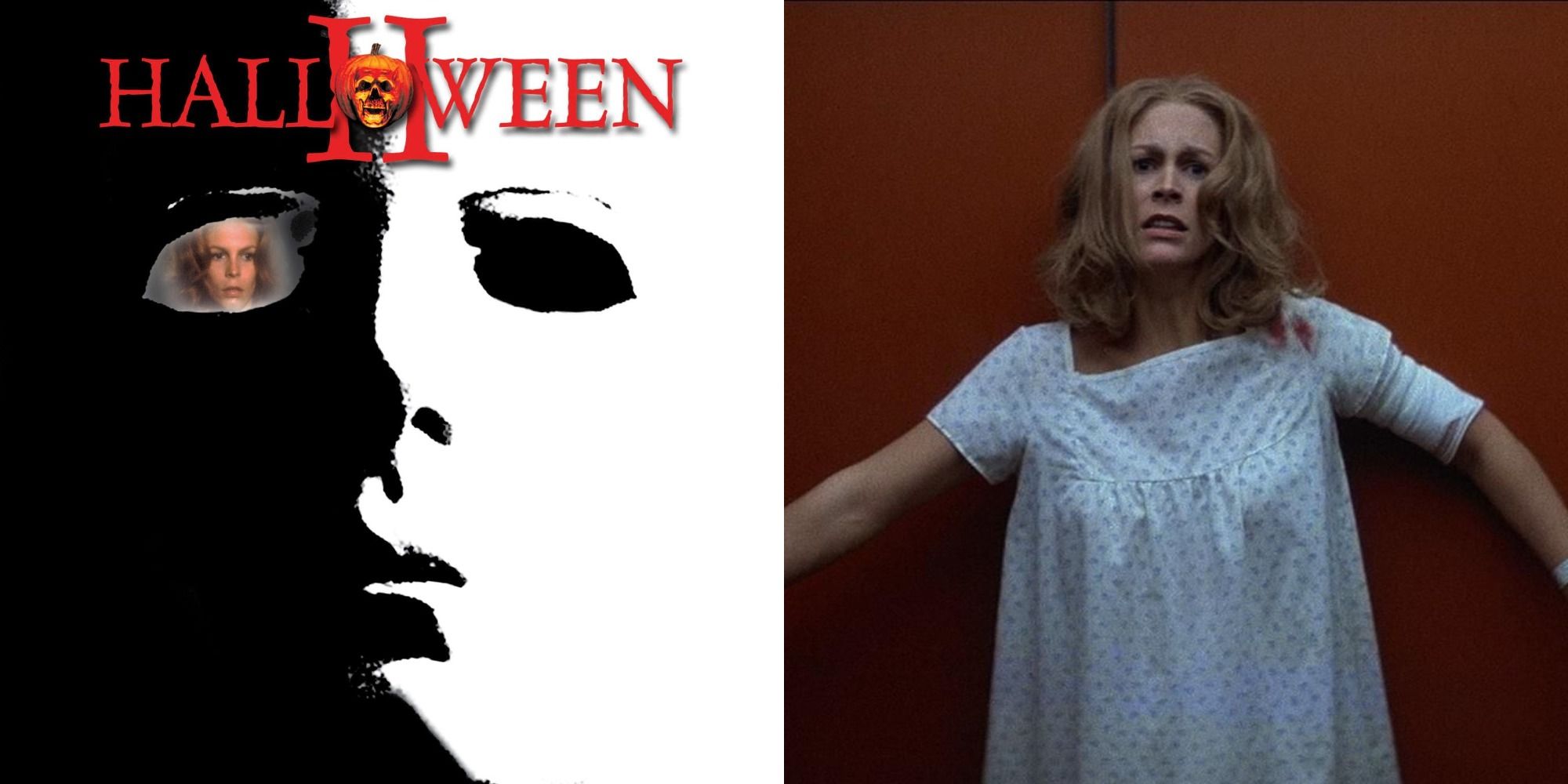 SPlit image showing the poster for Halloween II and Laurie Strode looking scared