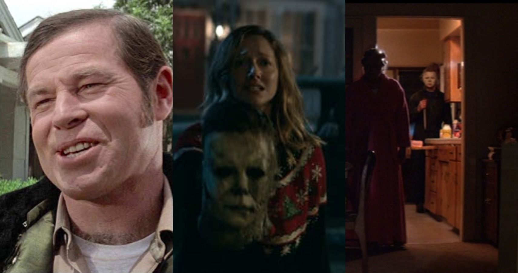 Split image of Brackett, Karen holding Michael's mask, and Michael behing an old person in Halloween