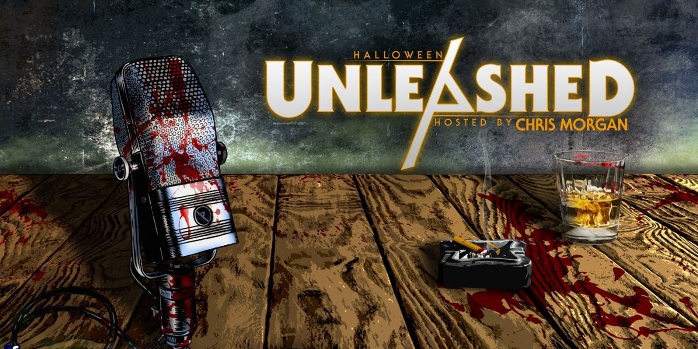 A banner for the Halloween Unleashed podcast featuring a bloody microphone