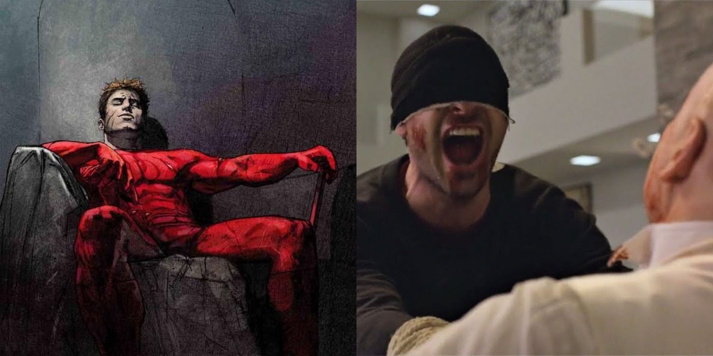 Split image of the cover of Daredevil: Hardcore and Daredevil beating Kingpin in season 3