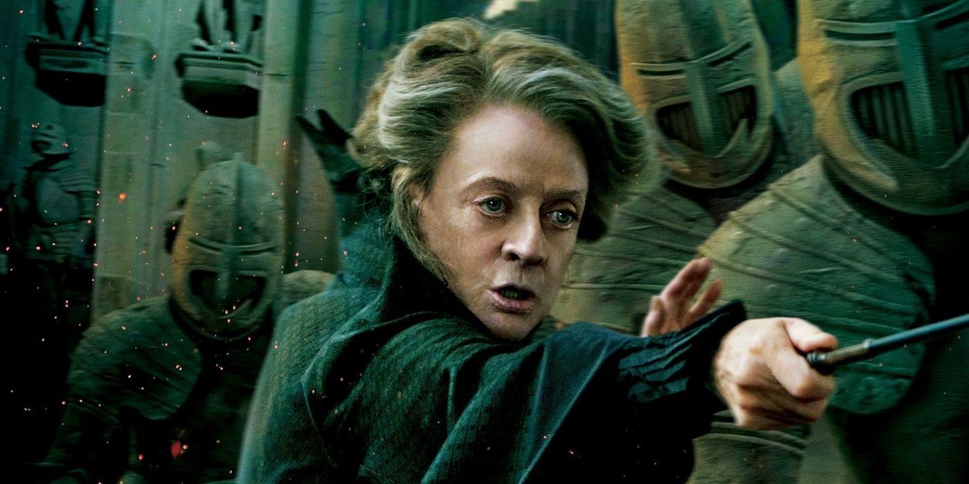 Minerva McGonagall pointing her wand at someone during the Battle of Hogwarts in Harry Potter