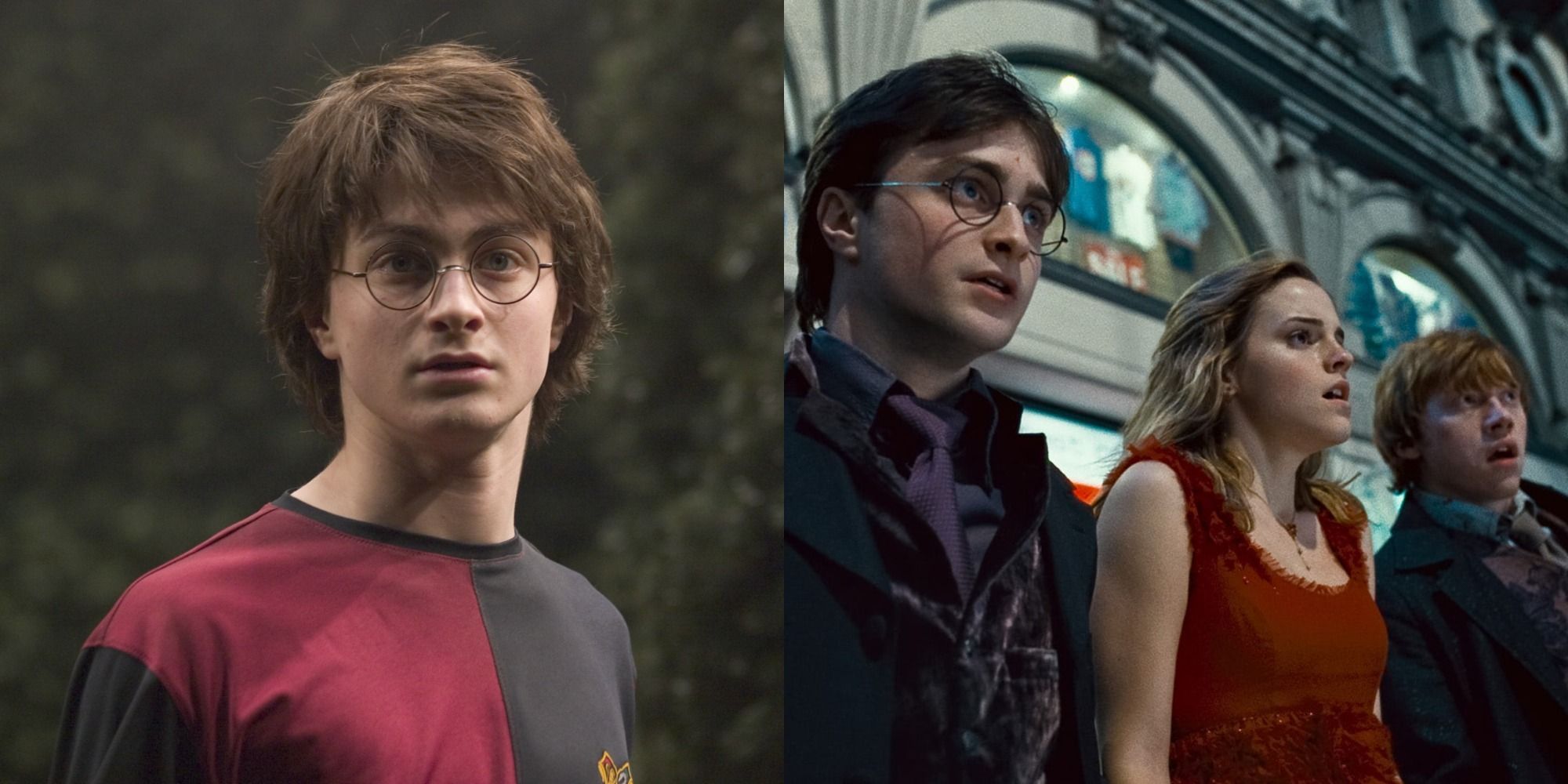 Split image showing Harry at the Triwizard Tournament, and Harry, Ron, and Hermione on the street