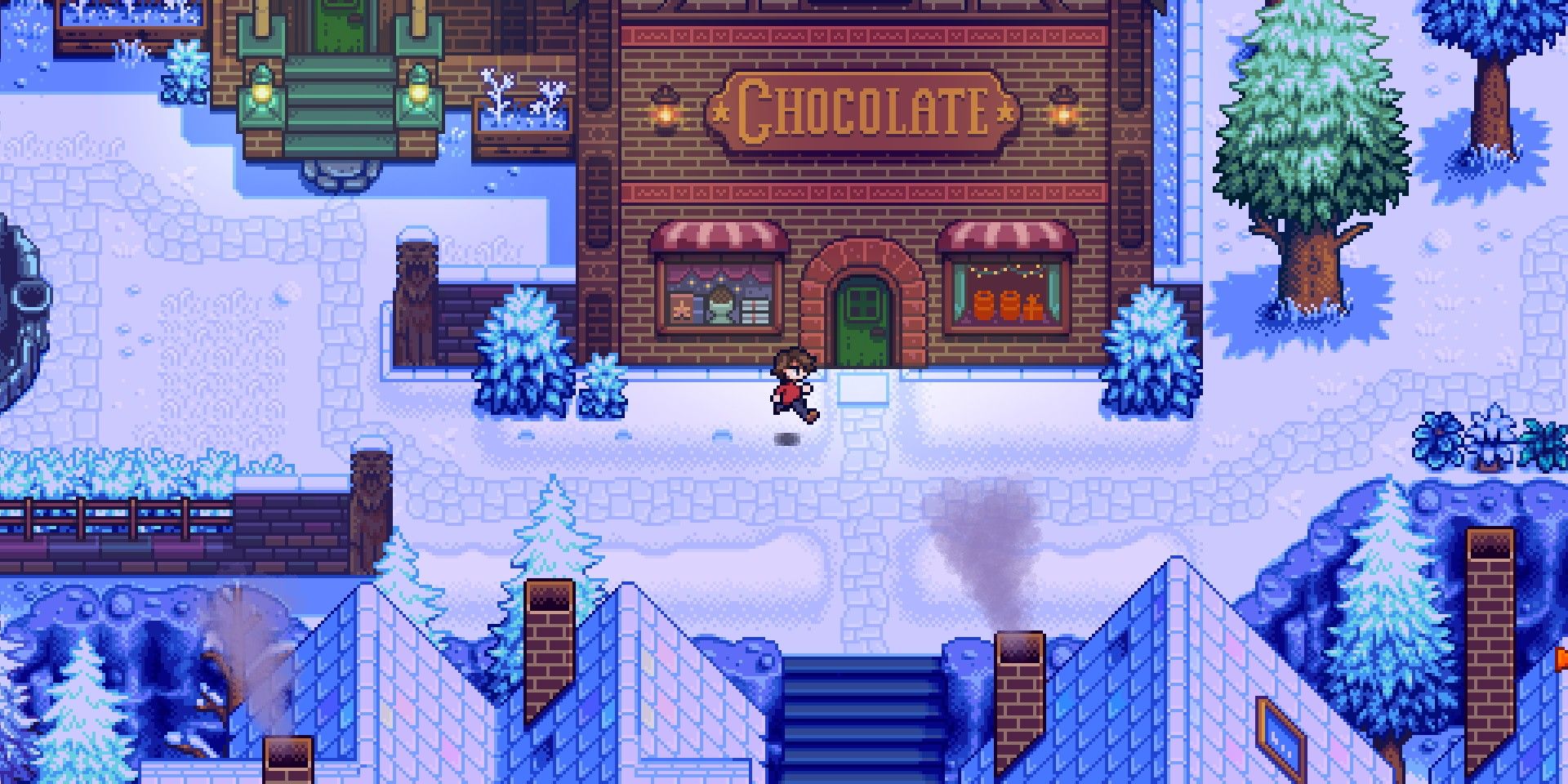 A player character running in front of Haunted Chocolatier&rsquo;s Chocolate Shop in winter, with string lights visible in the window.