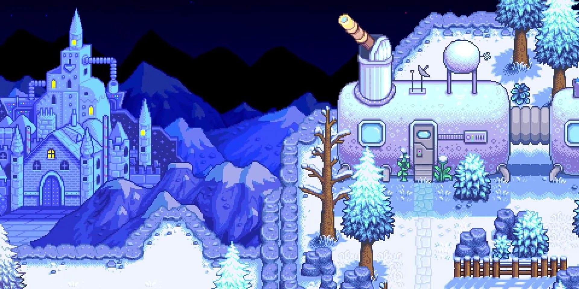 An observatory and a castle from Haunted Chocolatier in a mountainous, snowy region.