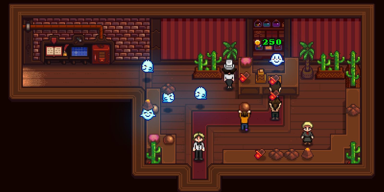 A screenshot from Haunted Chocolatier, showing a shop full of customers and ghosts